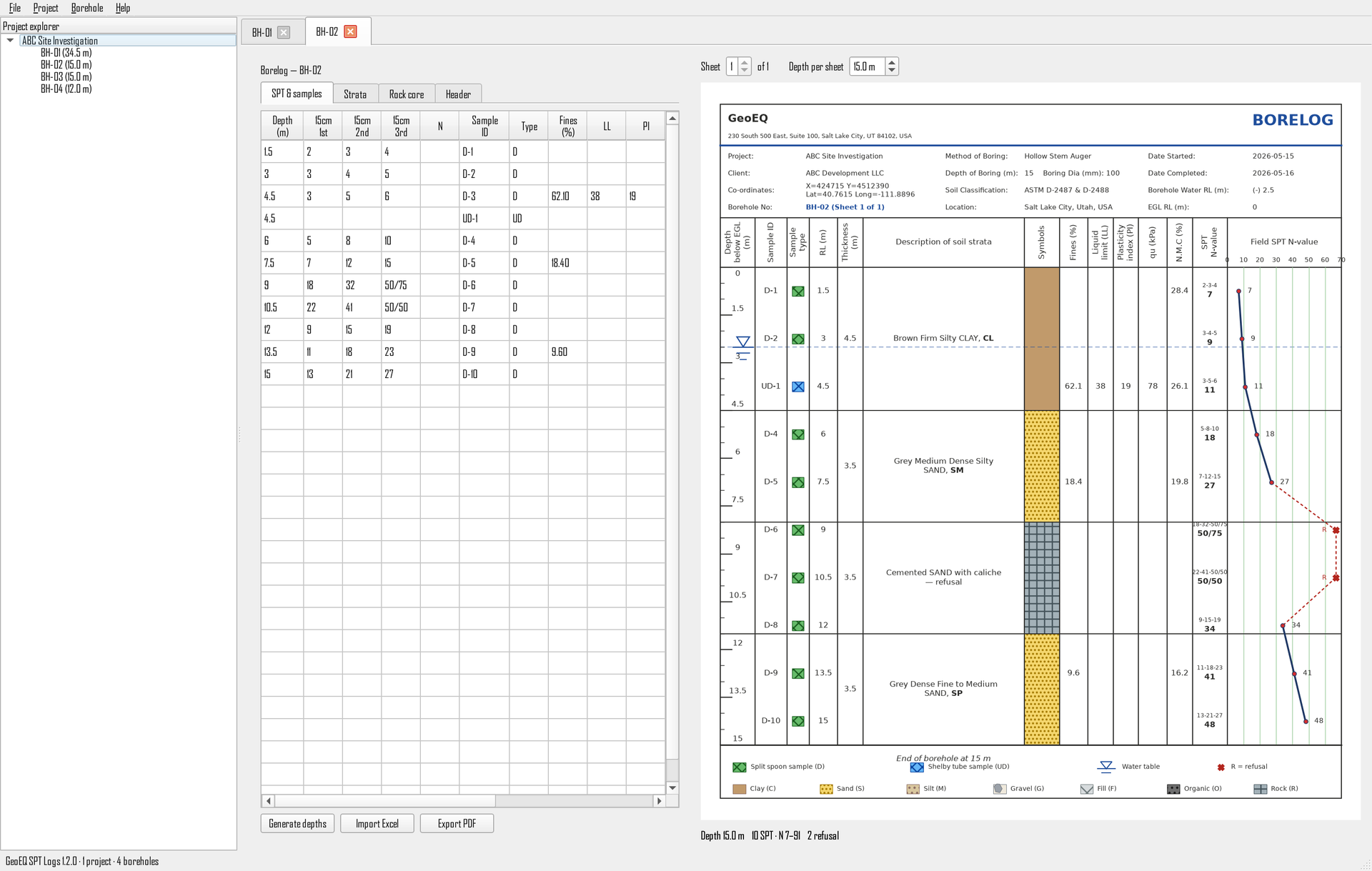 GeoEQ SPT Logs live editor with SPT and sample tables beside a borehole log sheet preview