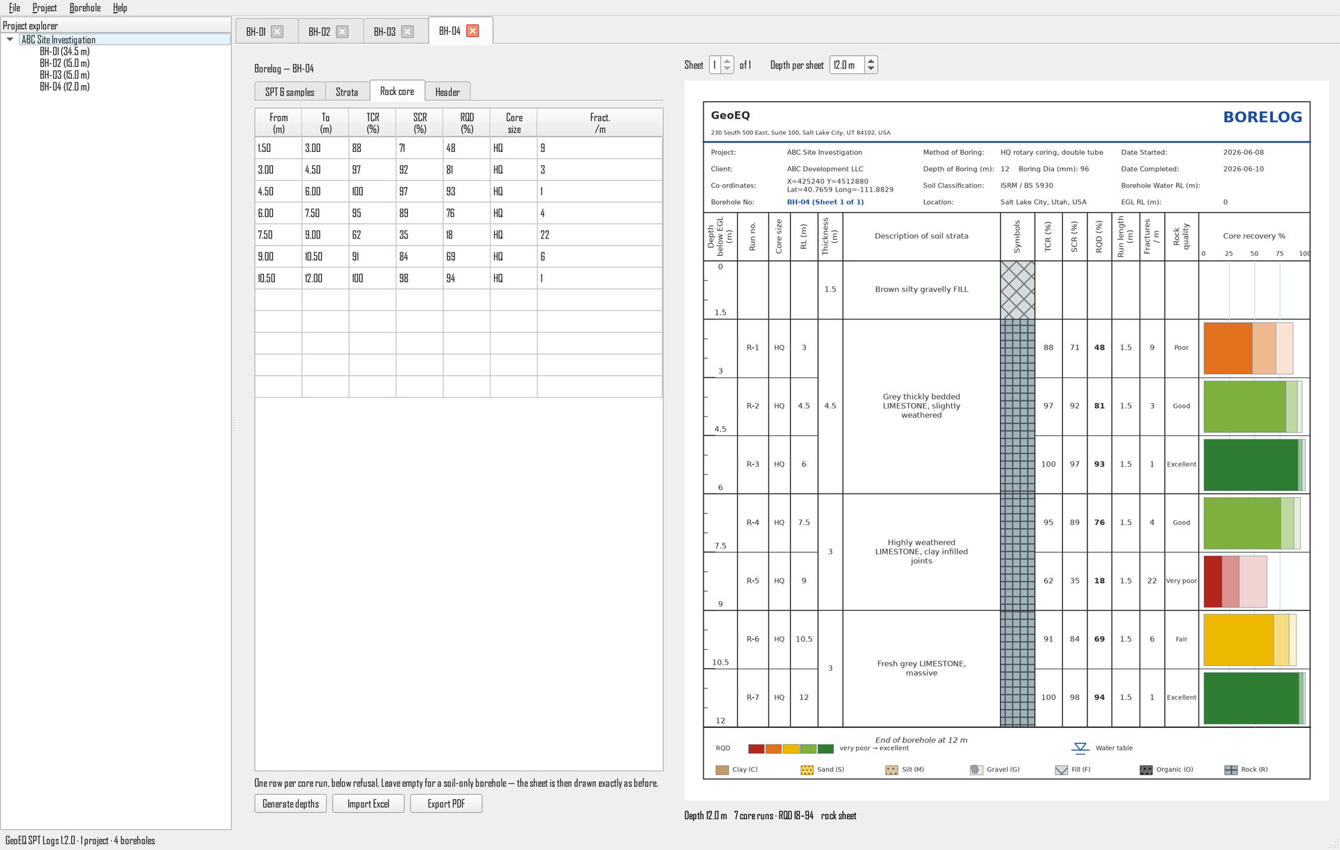 Rock core log sheet with TCR, SCR, RQD, core size, fractures per metre and rock quality columns